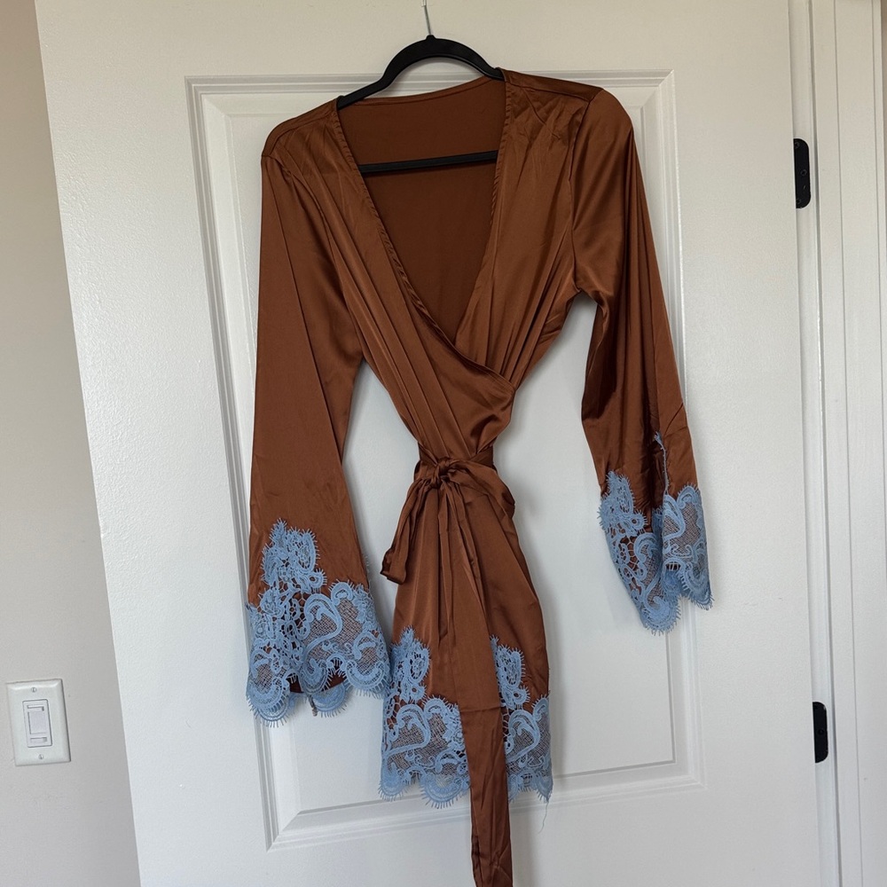 Shein Wrap Dress Small- Brown & Light Blue